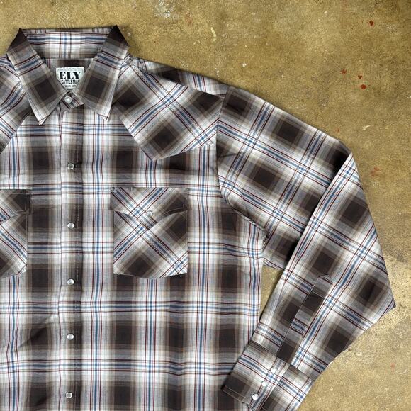 Ely Cattleman Plaid Western Pearl Snap Shirt Men’s Large Brown Cream Blue Red - Picture 2 of 11